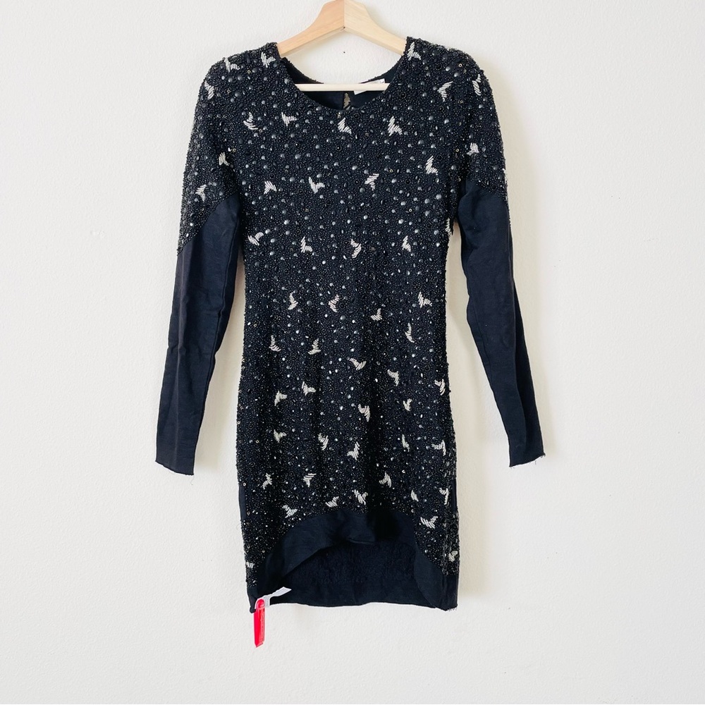 Aje SIZE 10 black beaded bird long sleeve mini dress